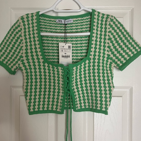 Zara Green/Cream Knit Lace Up Crop Top size S - Picture 1 of 5